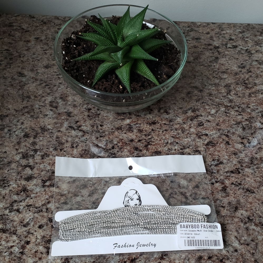 Necklace - multi row choker silver rhinestones